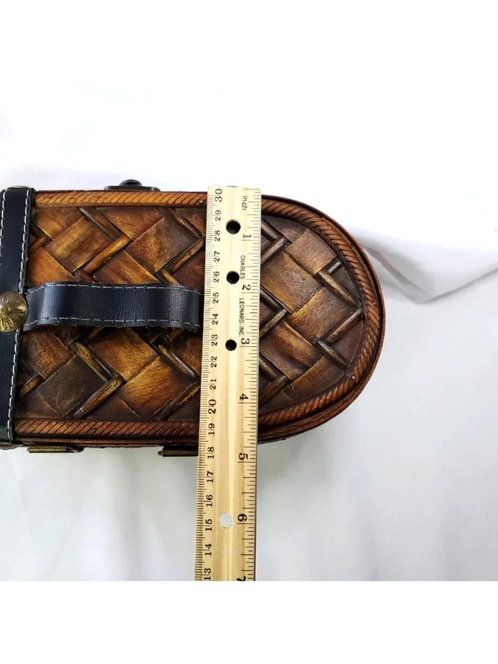 Vintage Wooden Woven Storage Basket With Leather Straps & Metal Accents 10